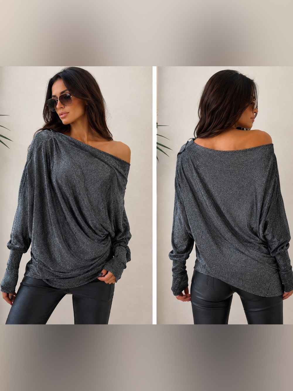 Baby Phat Shimmering Gray Dolman Sleeve Off The Shoulder Draped Dress Top 2X